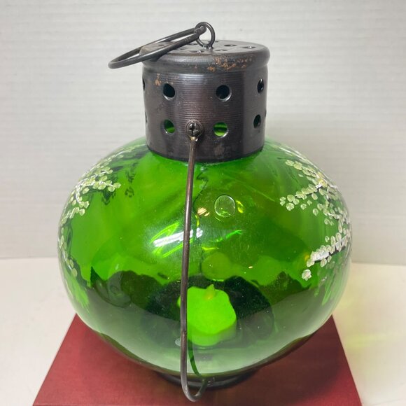 Hand-Painted Green Glass Lantern With Tree Design And Rustic Metal Top - Picture 4 of 10